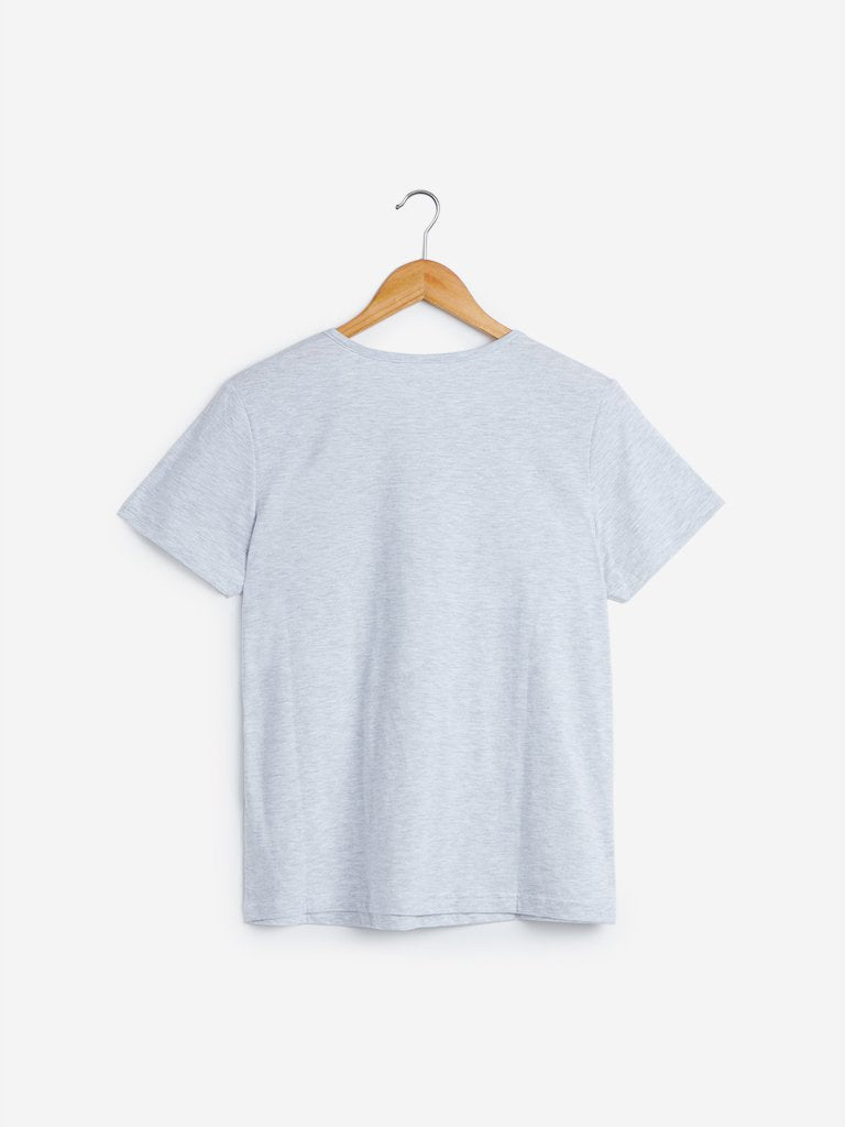 Wunderlove Grey Melange Text Design T-Shirt