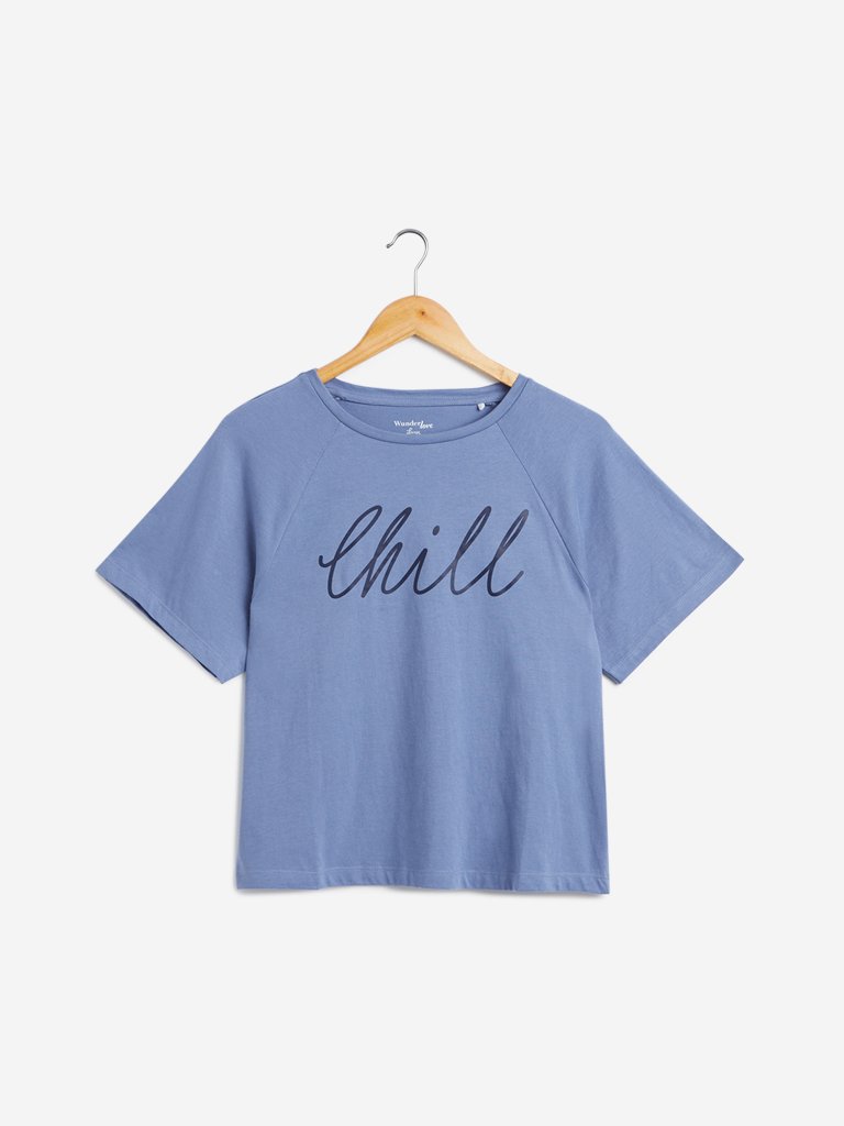 Wunderlove Blue Text Pattern T-Shirt