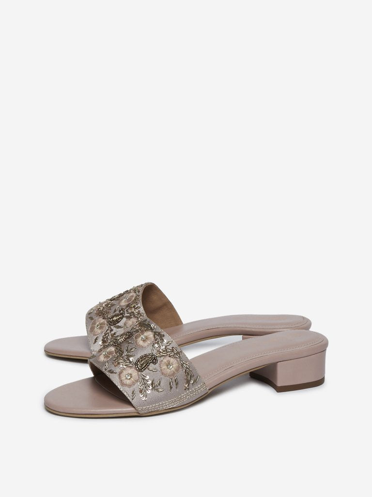 LUNA BLU Beige Floral Block Heel Sandals