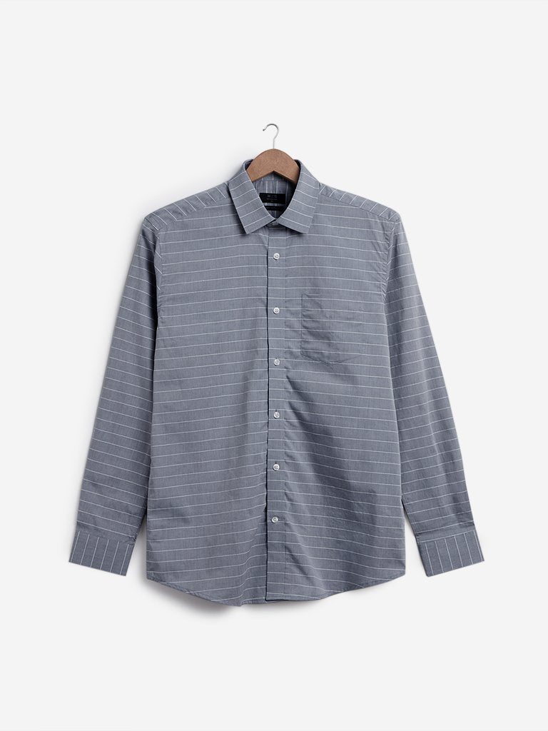 WES Formals Grey Striped Relaxed Fit Shirt