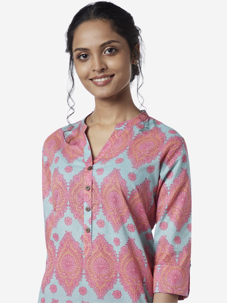 Utsa Aqua And Pink Ethnic Print Straight Kurta