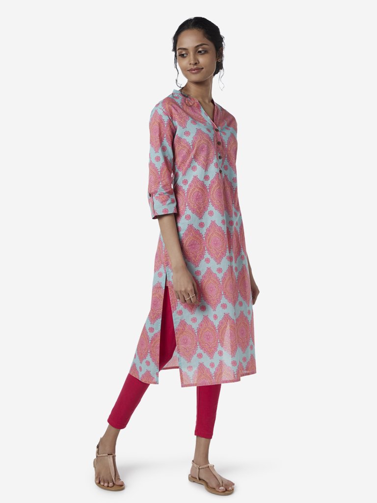 Utsa Aqua And Pink Ethnic Print Straight Kurta