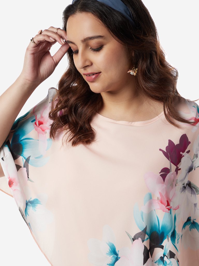 Gia Curves Peach Floral Print Asymmetrical Top