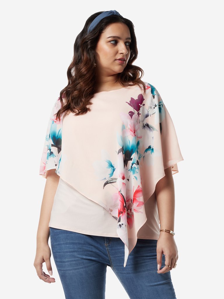 Gia Curves Peach Floral Print Asymmetrical Top