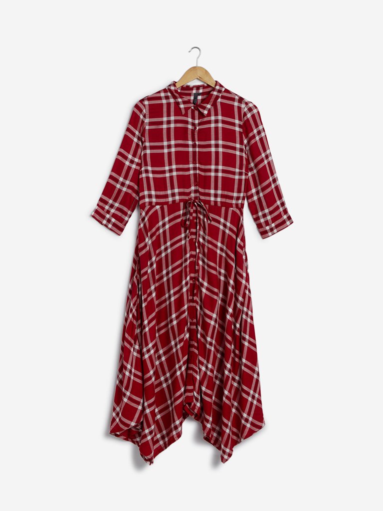 LOV Red Checkered Asymmetrical Shirtdress