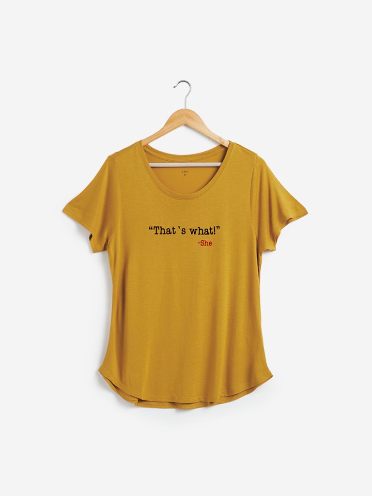 LOV Mustard Text Pattern T-Shirt