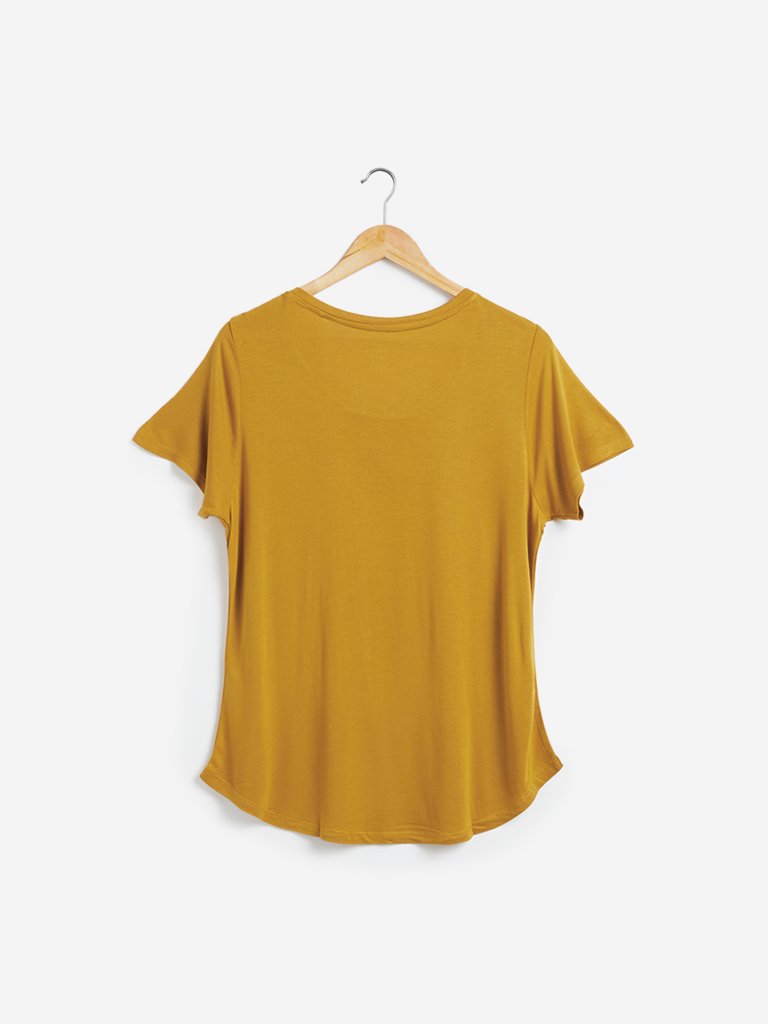 LOV Mustard Text Pattern T-Shirt