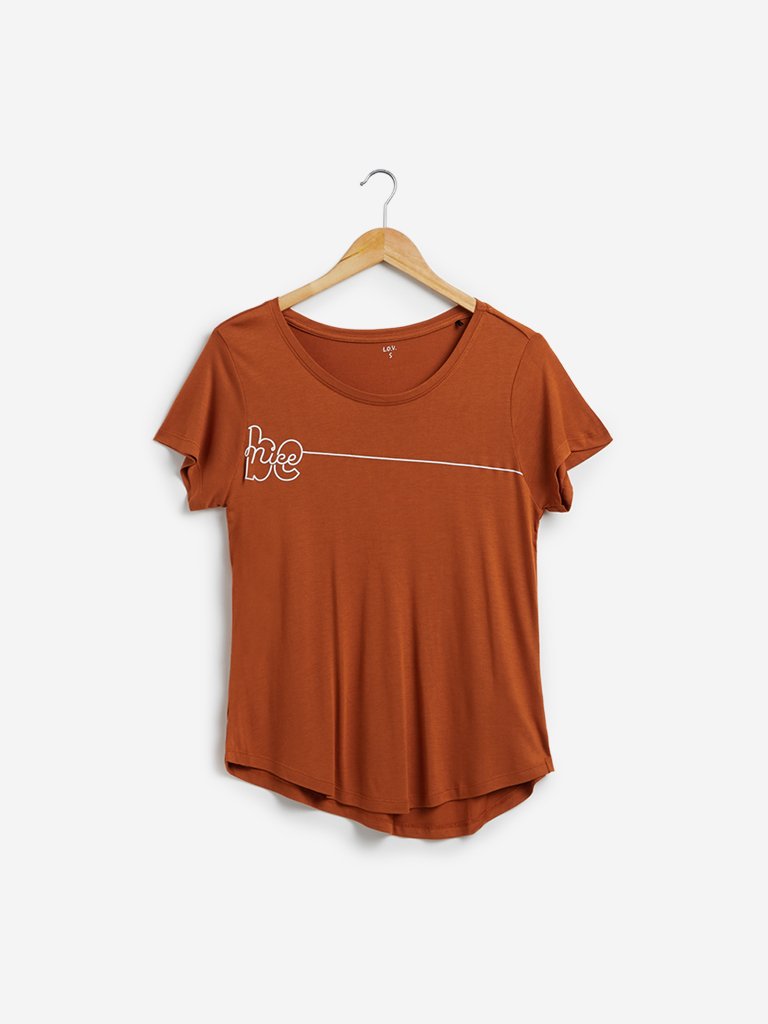 LOV Rust Text Print High-Low T-Shirt