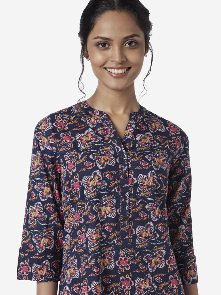 Utsa Indigo Floral Print Straight Kurta