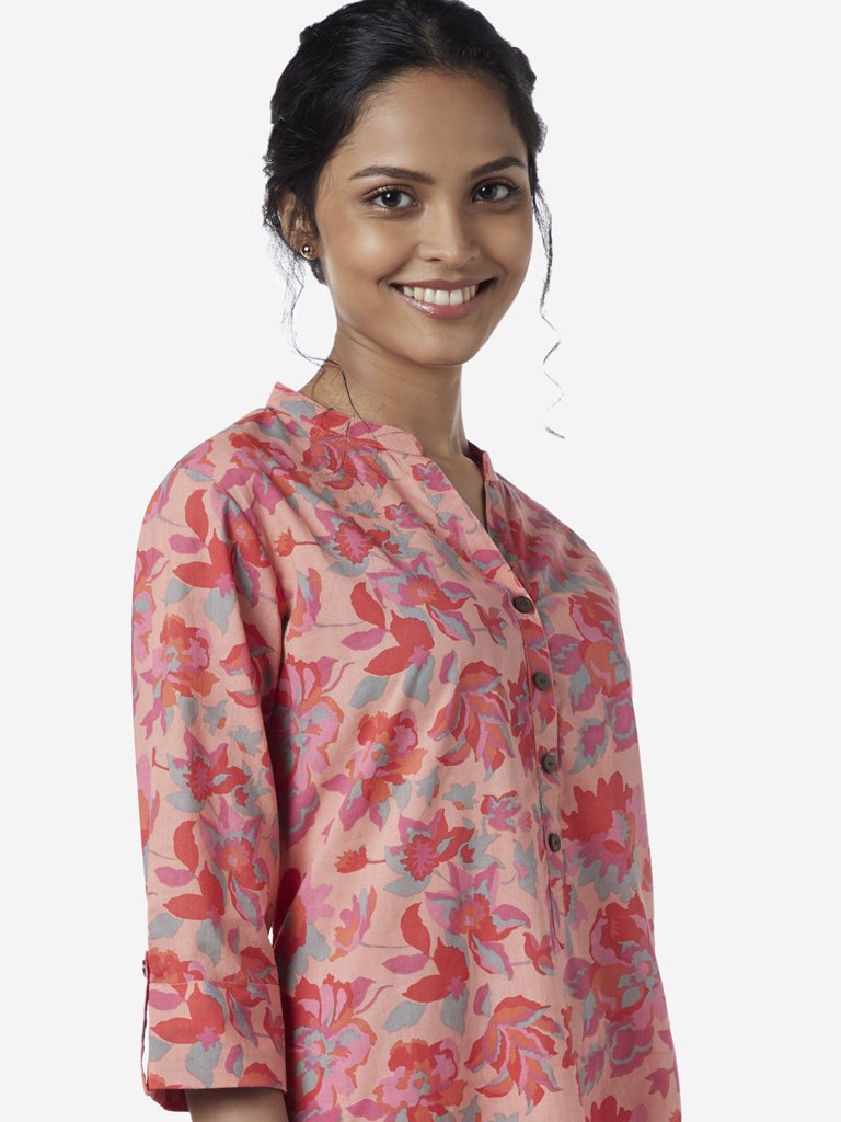 Utsa Light Pink Floral Patterned Straight Kurta