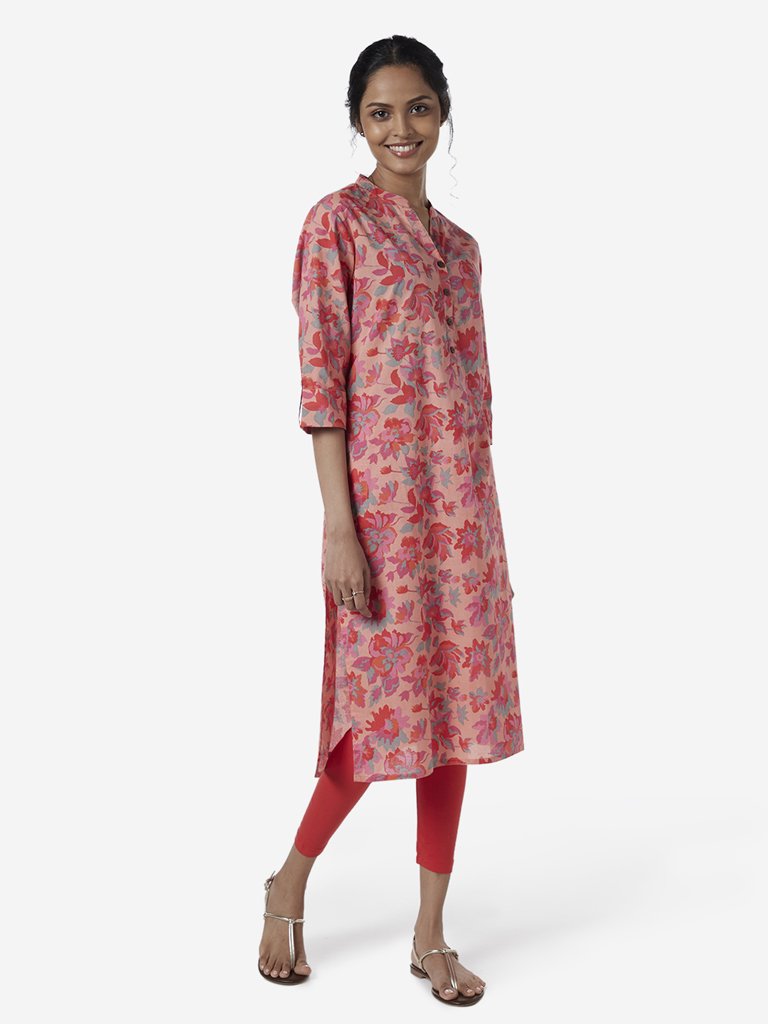 Utsa Light Pink Floral Patterned Straight Kurta