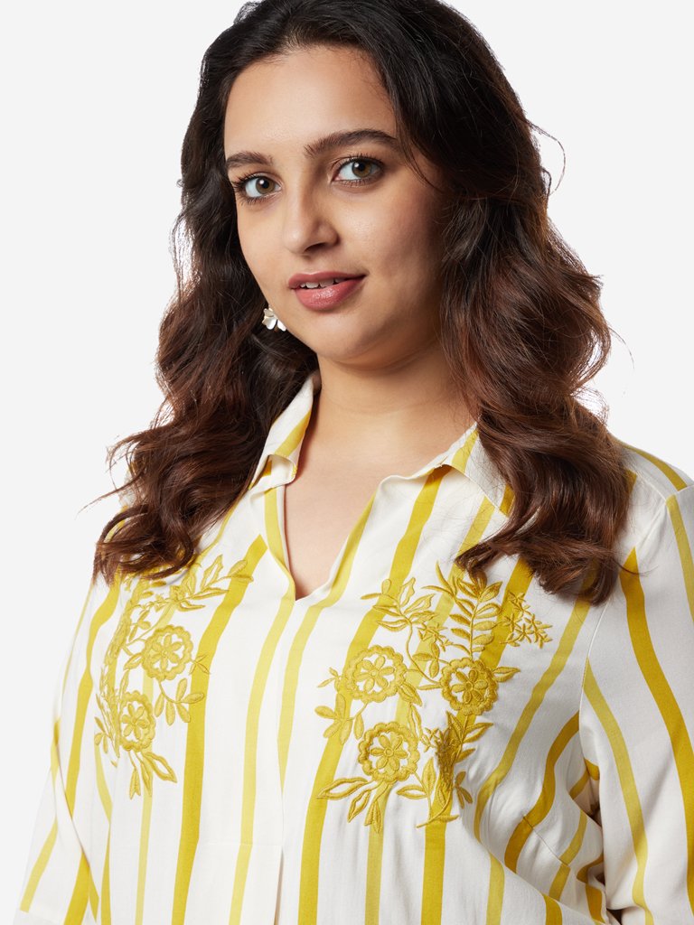 Gia Curves Mustard Printed High-Low Casual Shirt