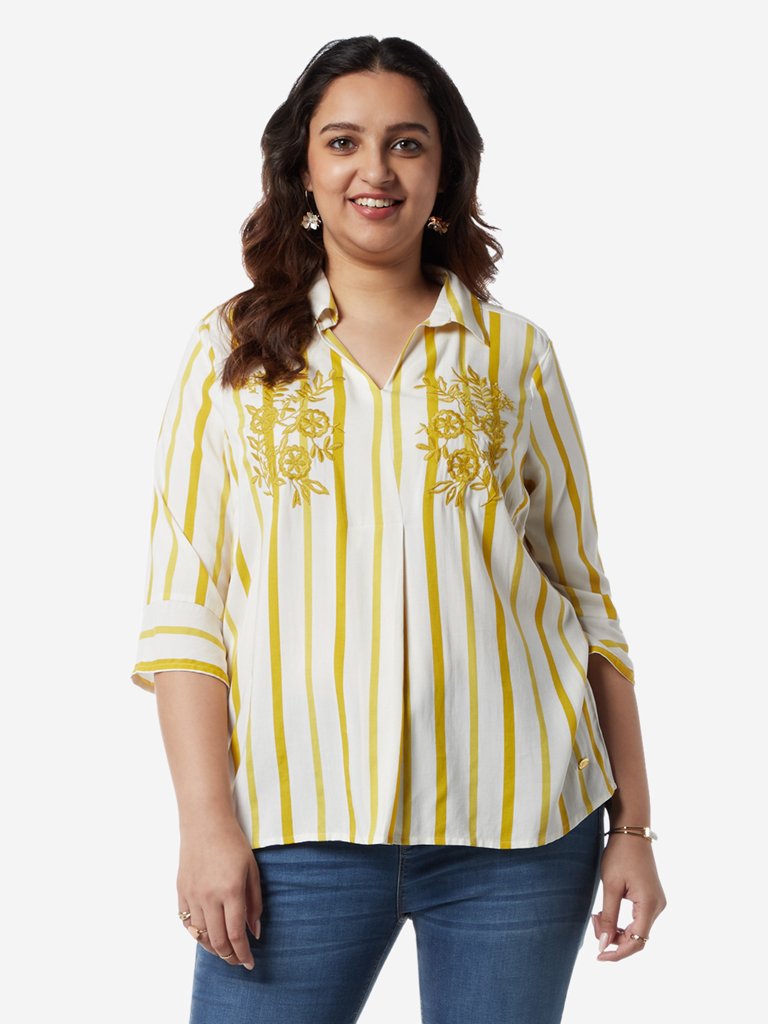 Gia Curves Mustard Printed High-Low Casual Shirt