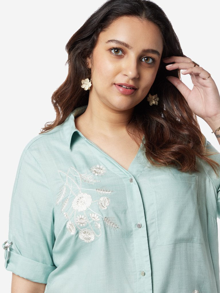 Gia Curves Mint Green Embroidered Casual Shirt