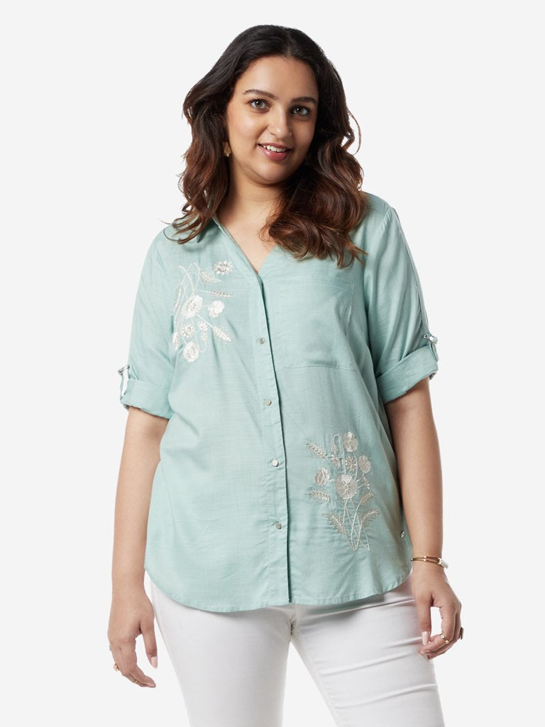 Gia Curves Mint Green Embroidered Casual Shirt