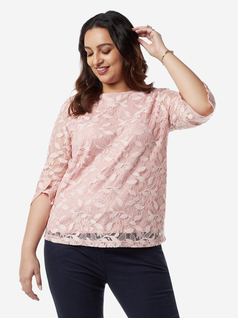Gia Curves Light Pink Leaf Lace Top