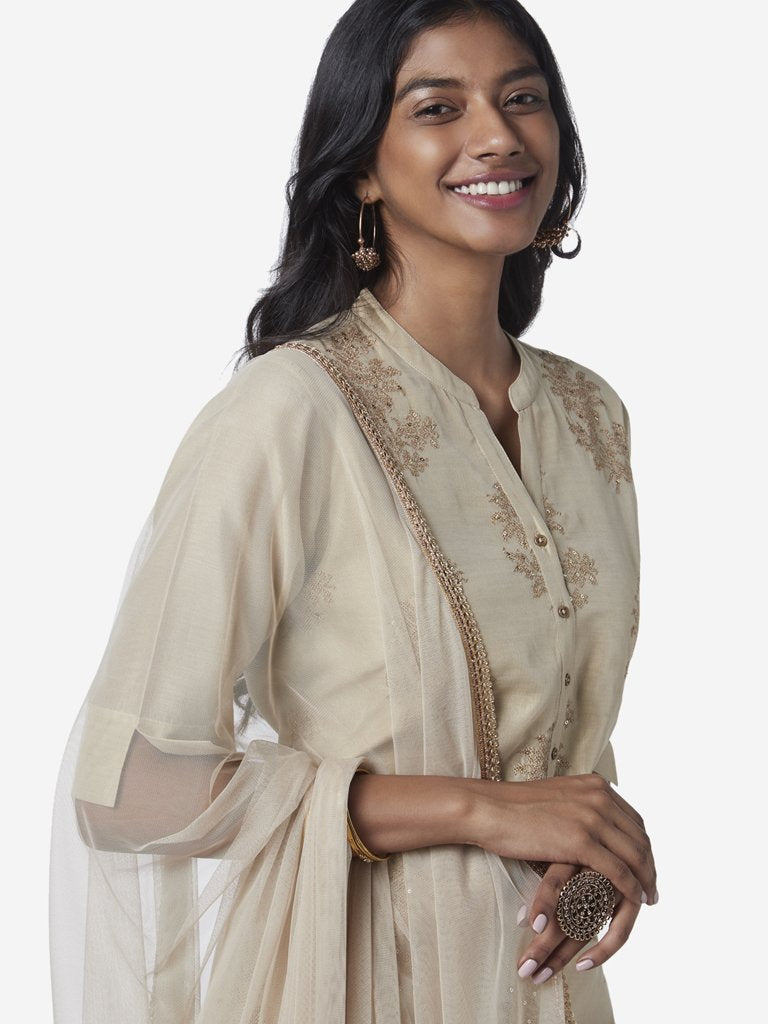 Vark Beige A-line Kurta, Palazzos And Dupatta