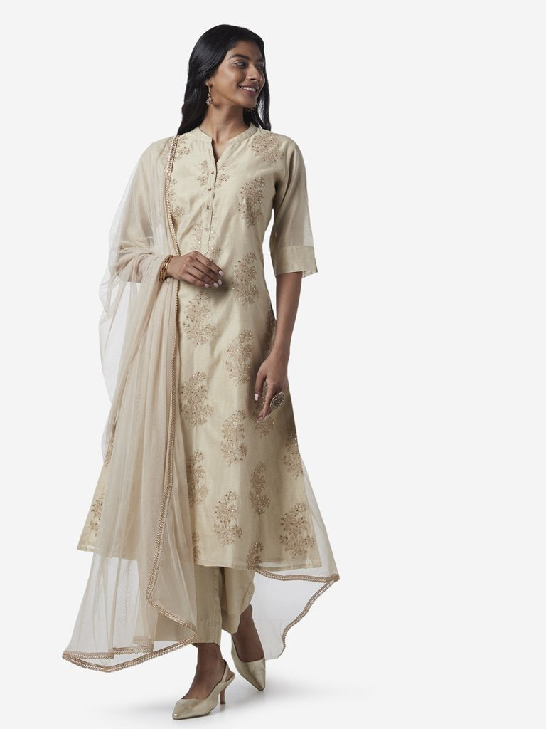 Vark Beige A-line Kurta, Palazzos And Dupatta