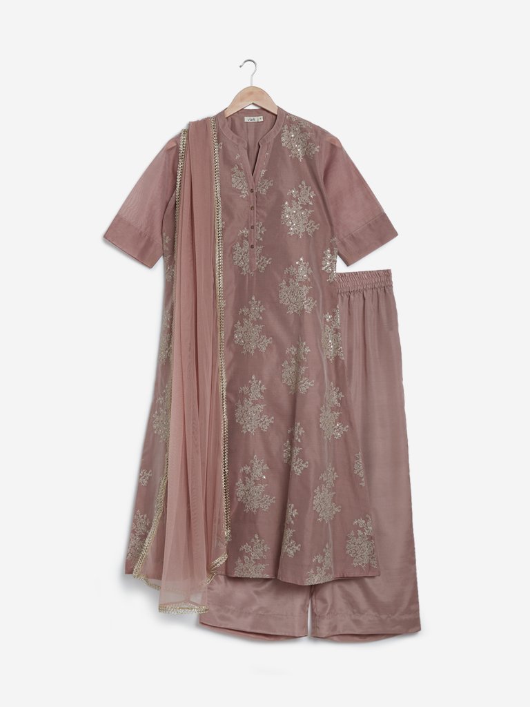 Vark Dull Pink A-Line Kurta, Palazzos, Dupatta