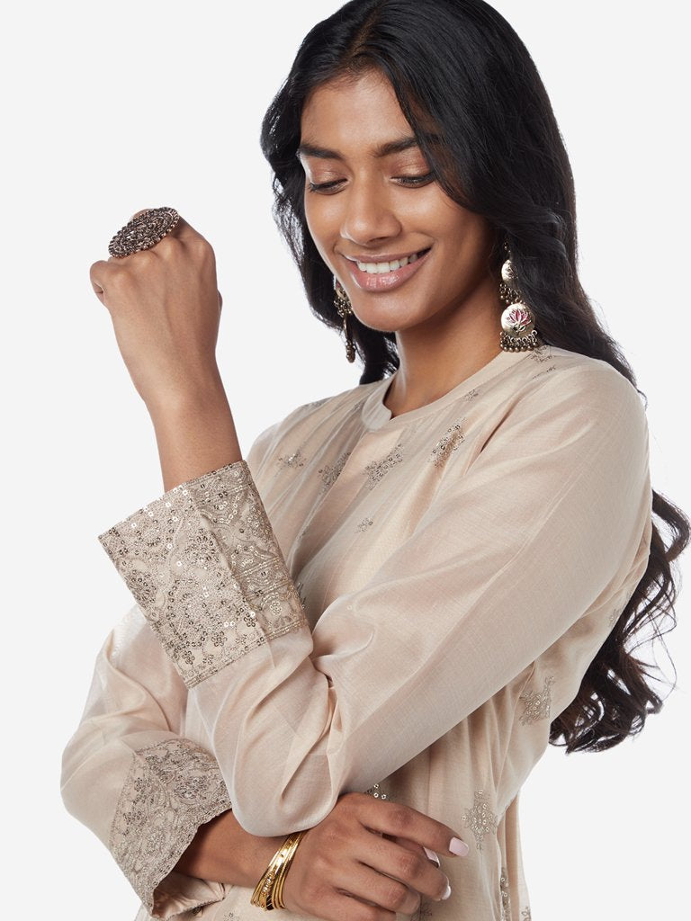 Vark Beige A-Line Kurta, Chemise And Palazzo Set