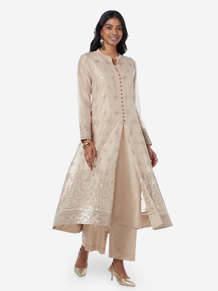 Vark Beige A-Line Kurta, Chemise And Palazzo Set