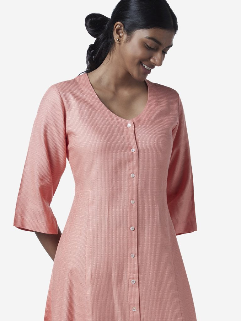 Zuba Peach Self-Textured A-Line Kurta