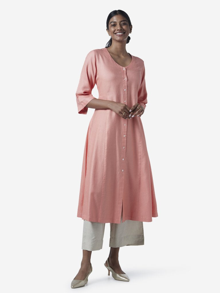 Zuba Peach Self-Textured A-Line Kurta