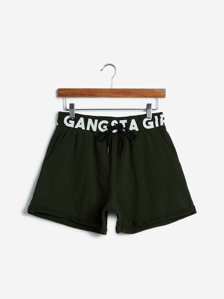Studiofit Dark-Olive Text Printed Shorts