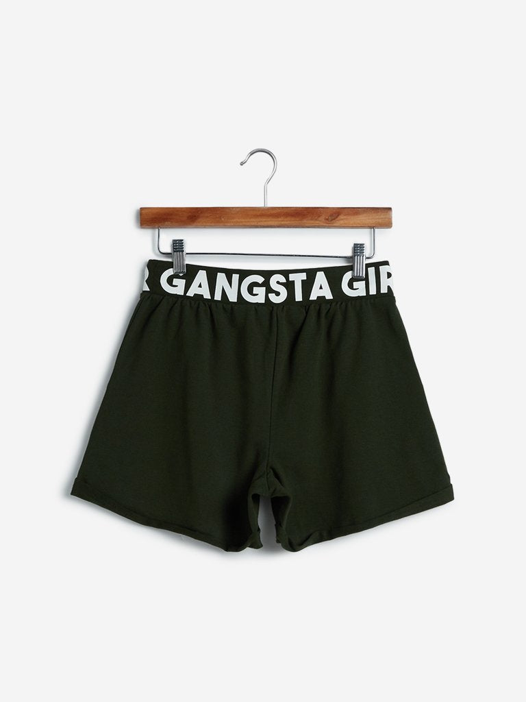 Studiofit Dark-Olive Text Printed Shorts