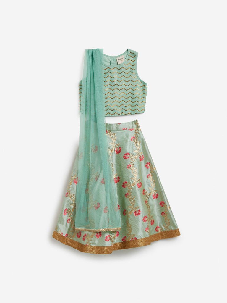Utsa Kids Aqua Floral Ghagra Choli Ethnic Set