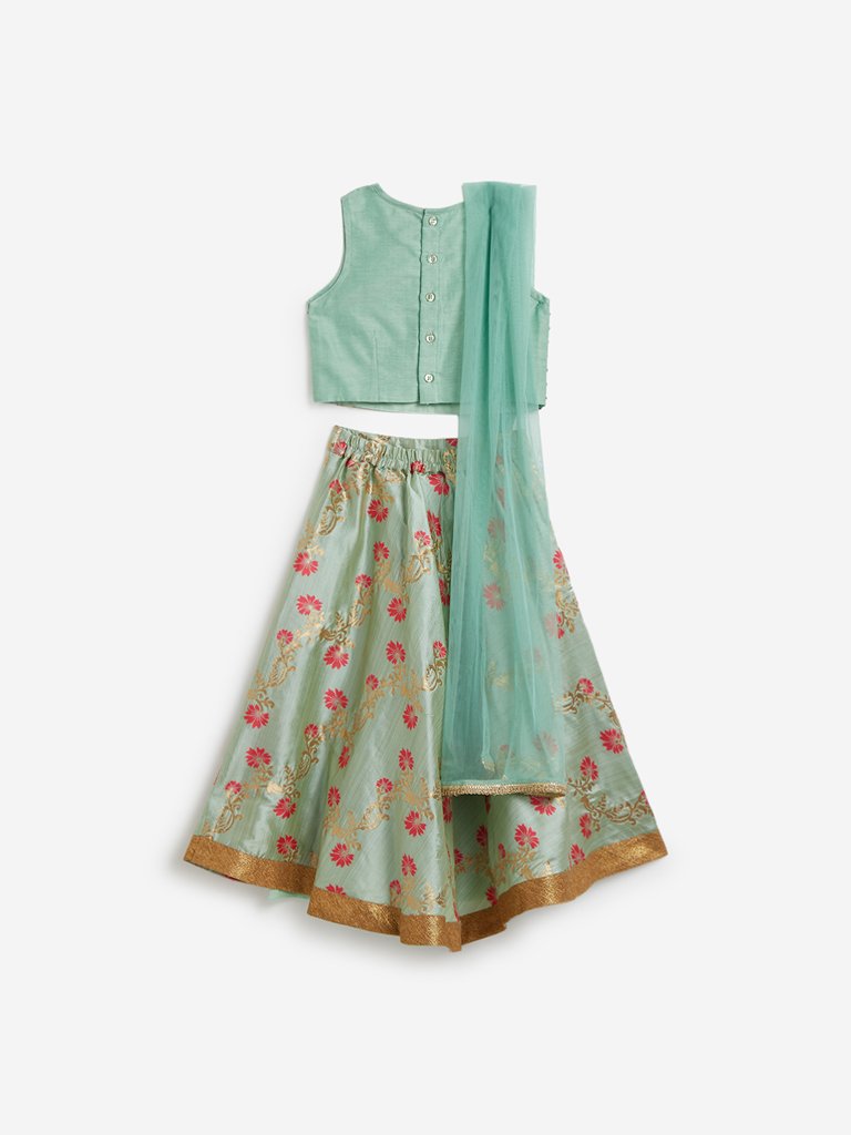 Utsa Kids Aqua Floral Ghagra Choli Ethnic Set