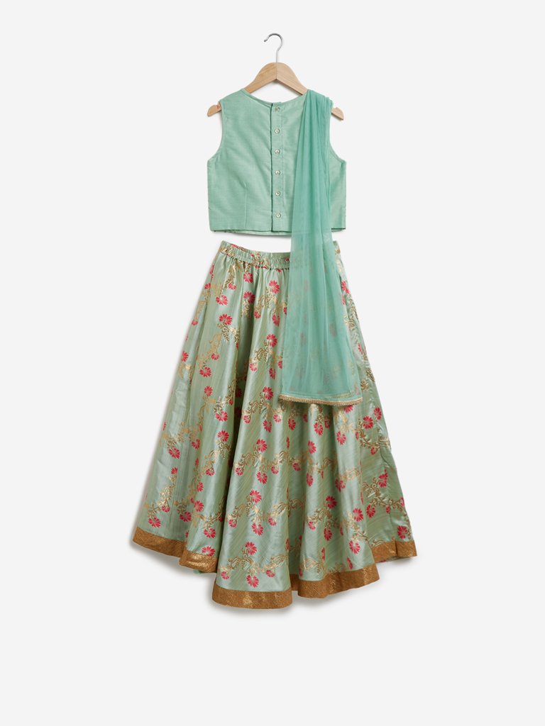 Utsa Kids Aqua Floral Ghagra Choli Ethnic Set