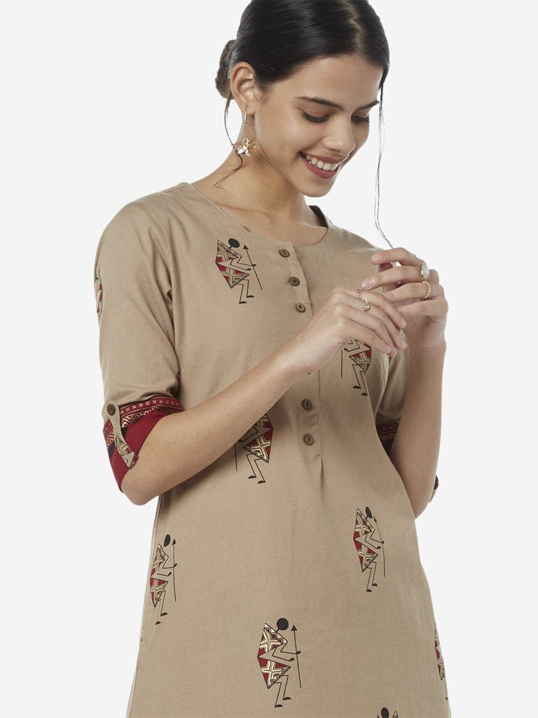 Utsa Beige Warli Printed A-Line Kurta