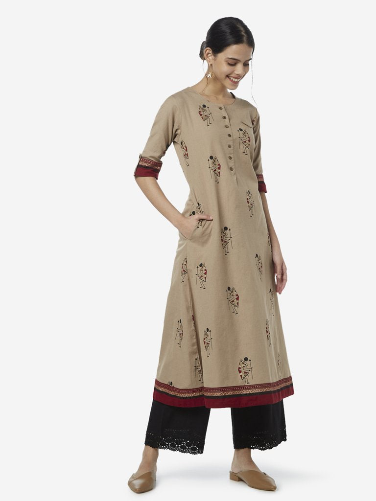Utsa Beige Warli Printed A-Line Kurta