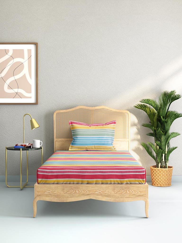 Westside Home Multicolour 144TC Striped Single Bedsheet Set