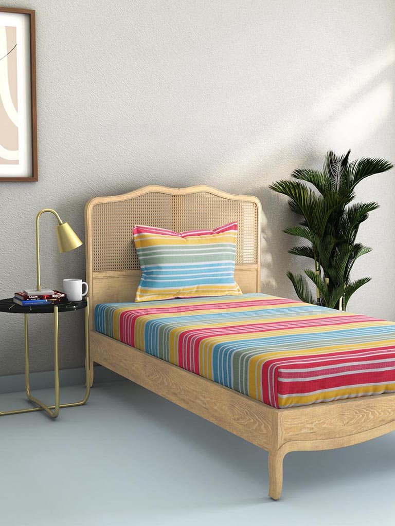 Westside Home Multicolour 144TC Striped Single Bedsheet Set