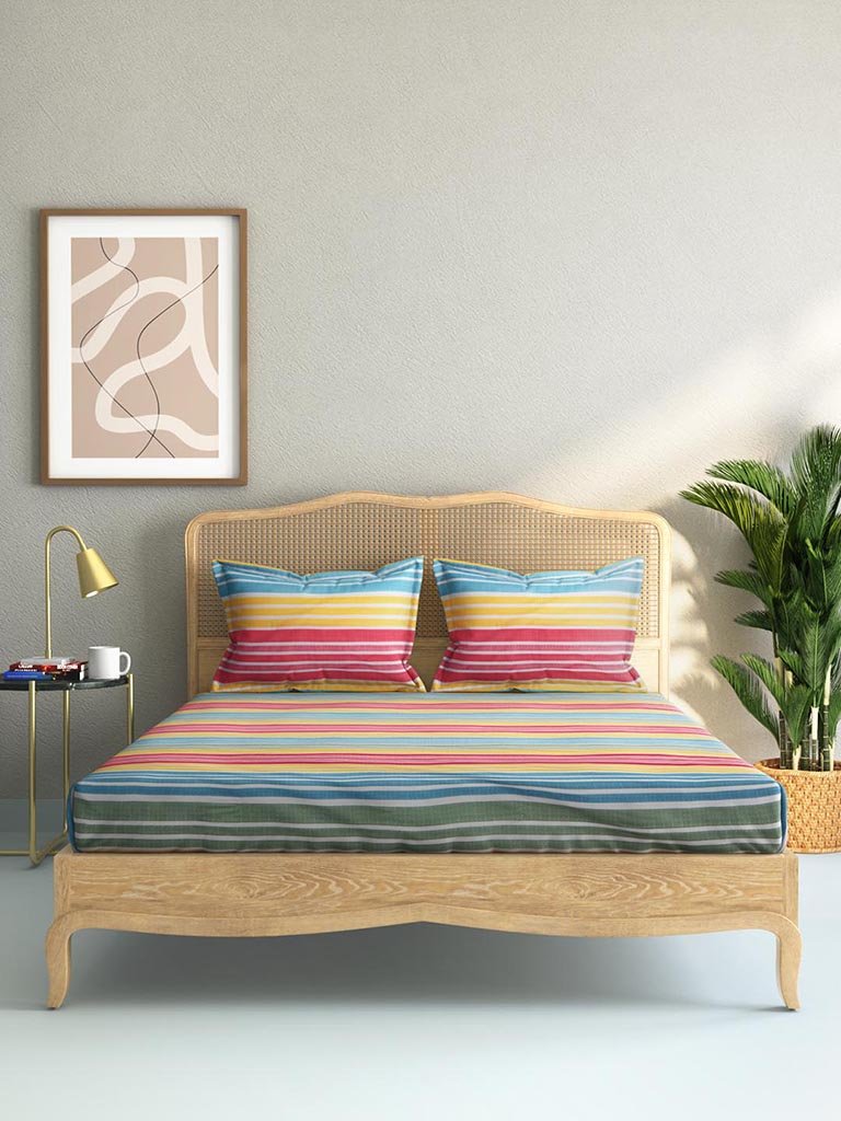 Westside Home Multicolour 144TC Striped Double Bedsheet Set