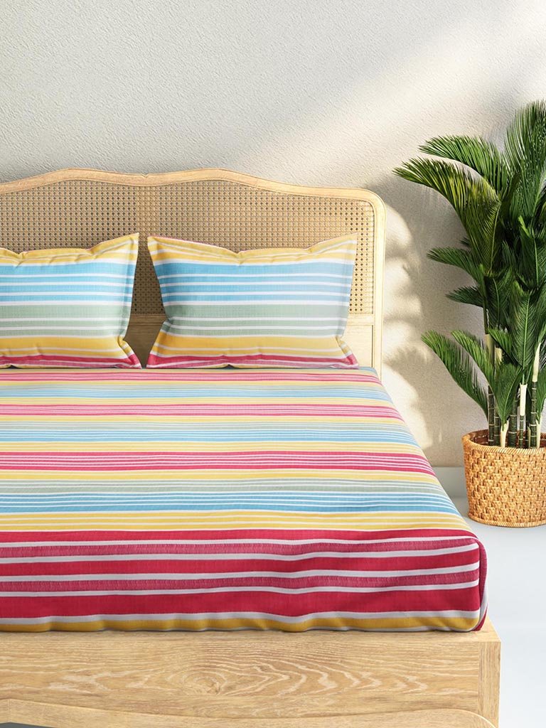 Westside Home Multicolour 144TC Striped King Bedsheet Set