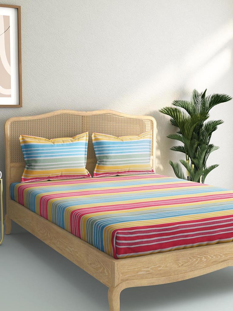 Westside Home Multicolour 144TC Striped King Bedsheet Set