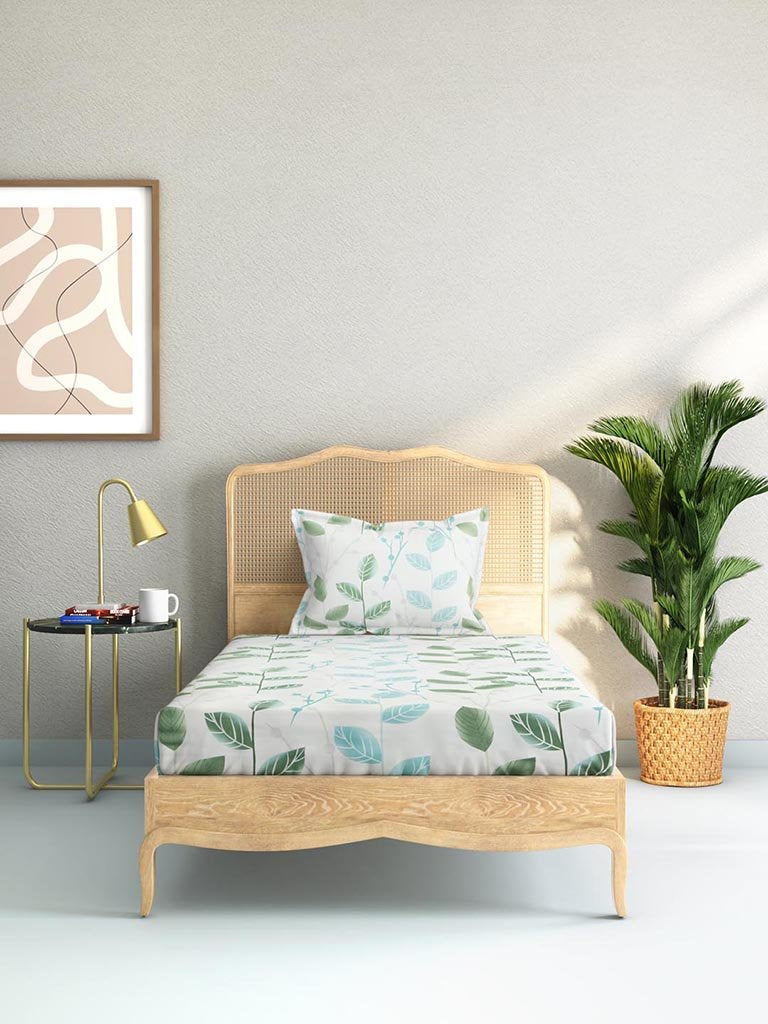 Westside Home Mint 144TC Leaf Print Single Bedsheet Set