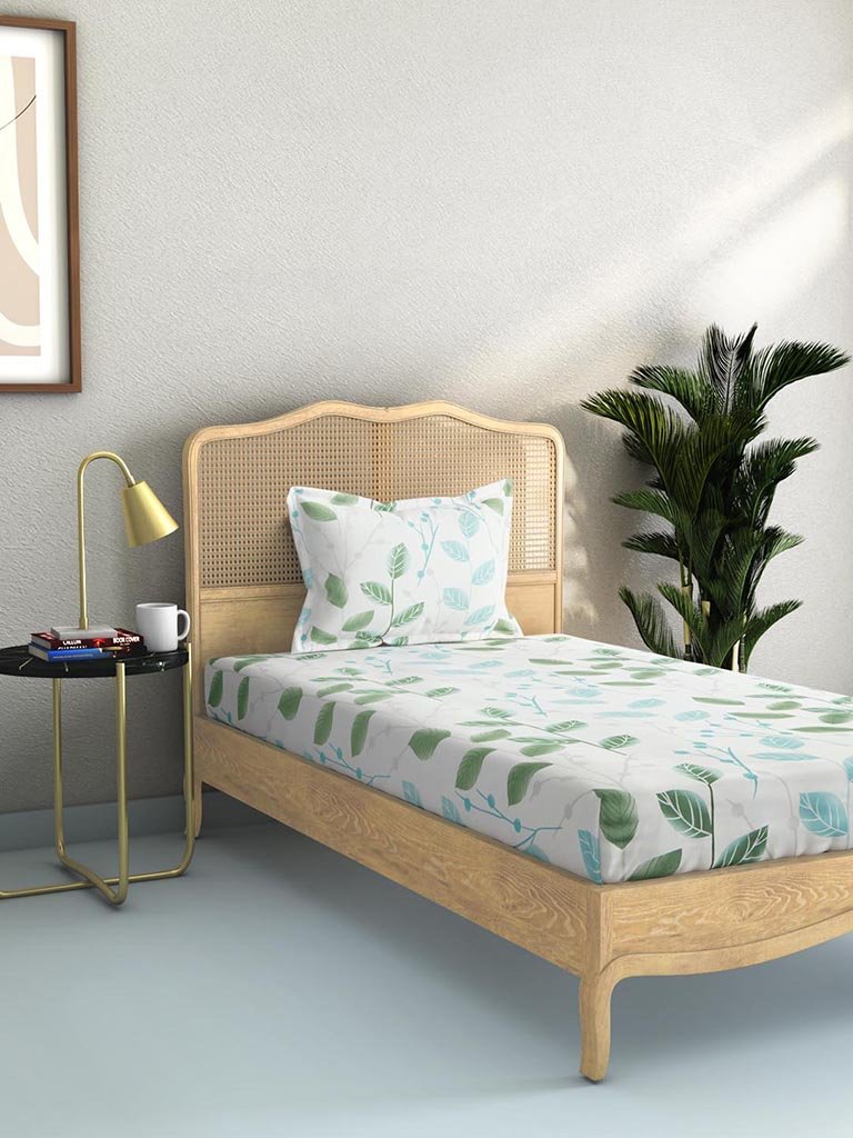 Westside Home Mint 144TC Leaf Print Single Bedsheet Set