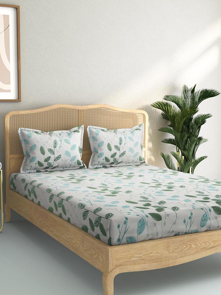 Westside Home Mint 144TC Leaf Print King Bedsheet Set