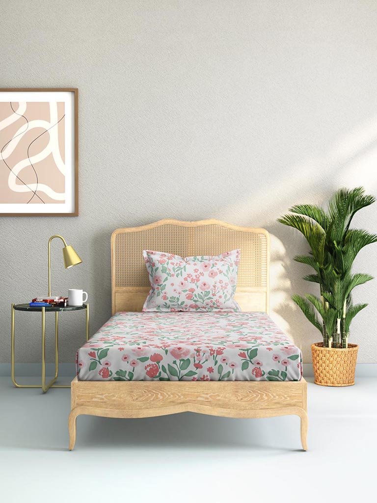 Westside Home Pink 144TC Rose Print Single Bedsheet Set