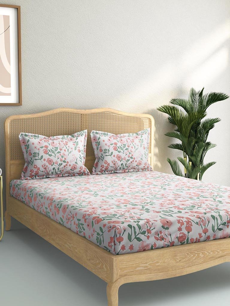 Westside Home Pink 144TC Rose Print Double Bedsheet Set