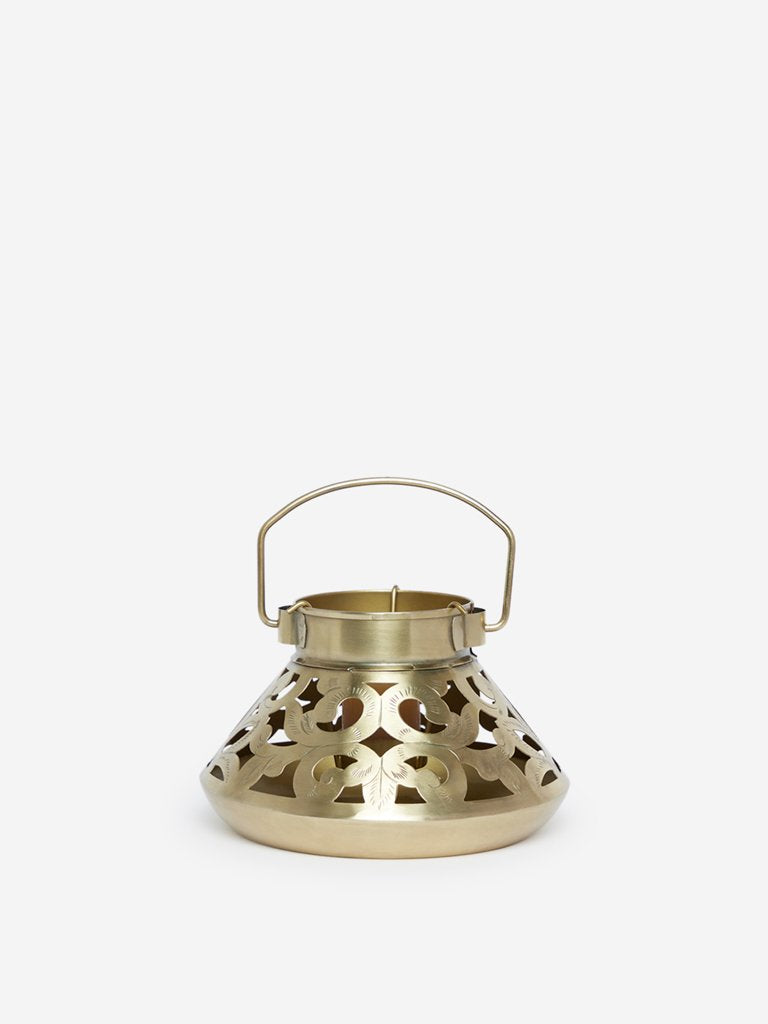 Westside Home Gold Cut-Work Detailed Lantern Candle Holder