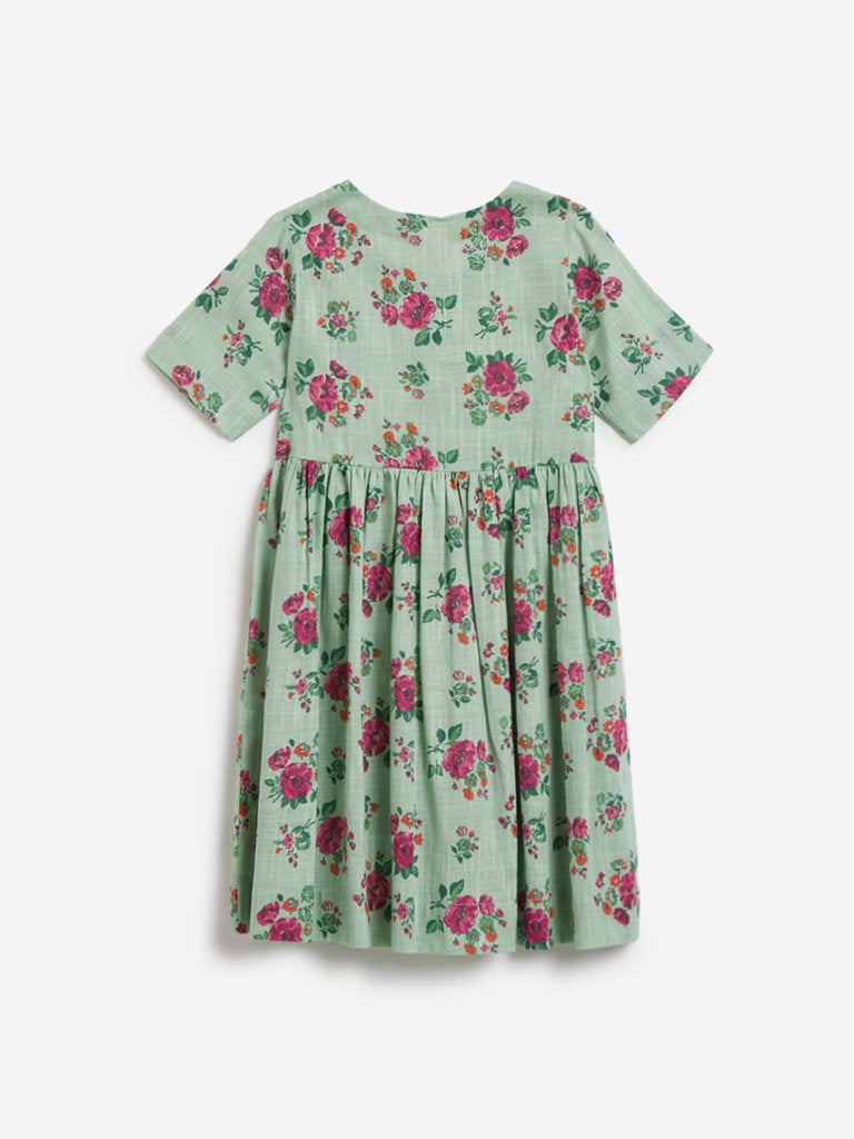 Utsa Kids Mint Floral Fit-And-Flare Dress