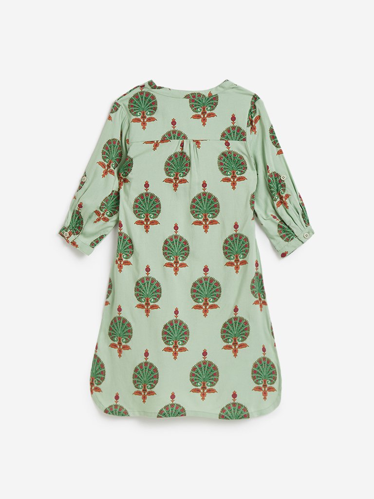 Utsa Kids Light Green Printed High-Low Kurta
