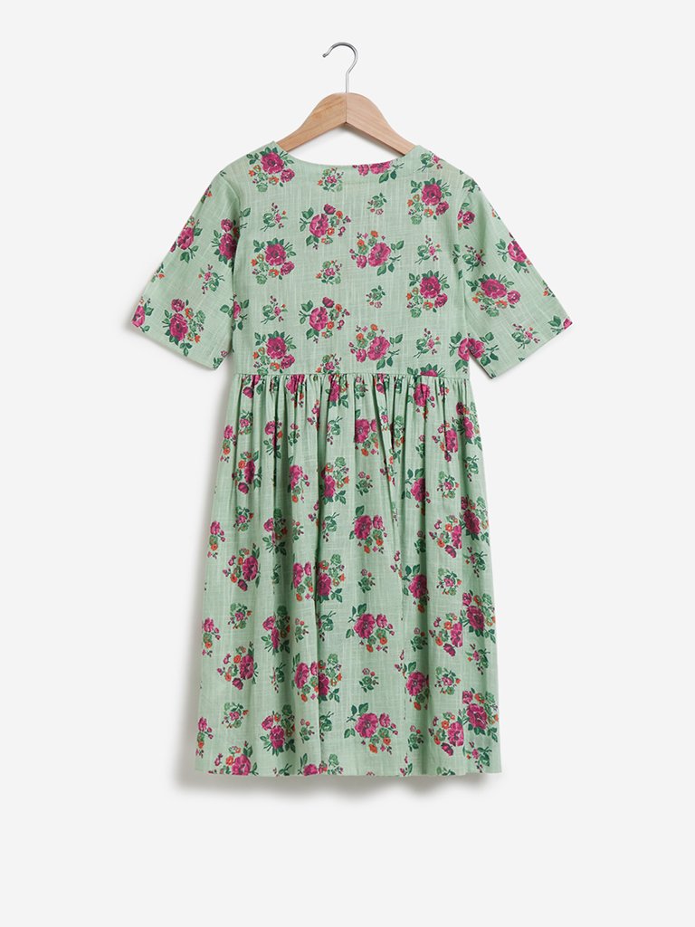 Utsa Kids Mint Floral Fit-And-Flare Dress