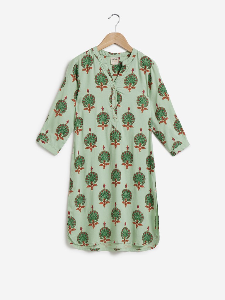 Utsa Kids Light Green Printed High-Low Kurta