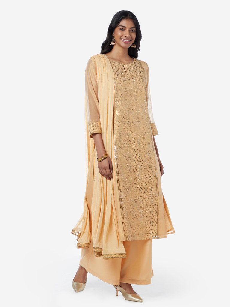 Vark Ochre Kurta, Dupatta And Palazzos Set